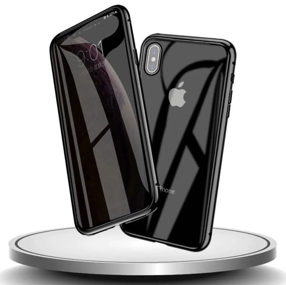 Black glass clamshell anti-spy phone case with a geometric pattern for iPhone.