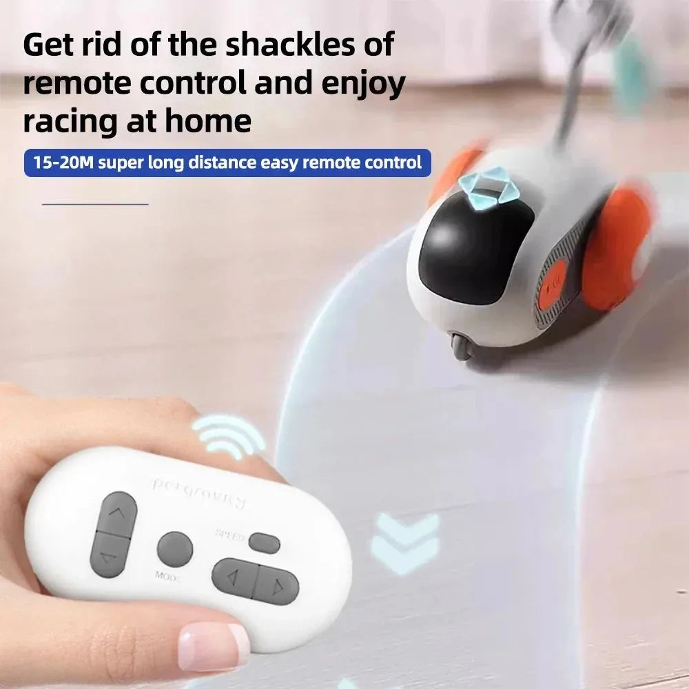 Blue smart cat toy car with feather teaser attachment and remote control on white background