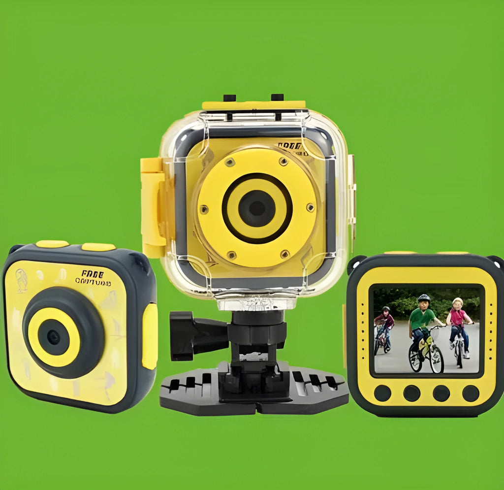 Yellow children's waterproof sports camera showing 1.77-inch screen and compact 60mm size