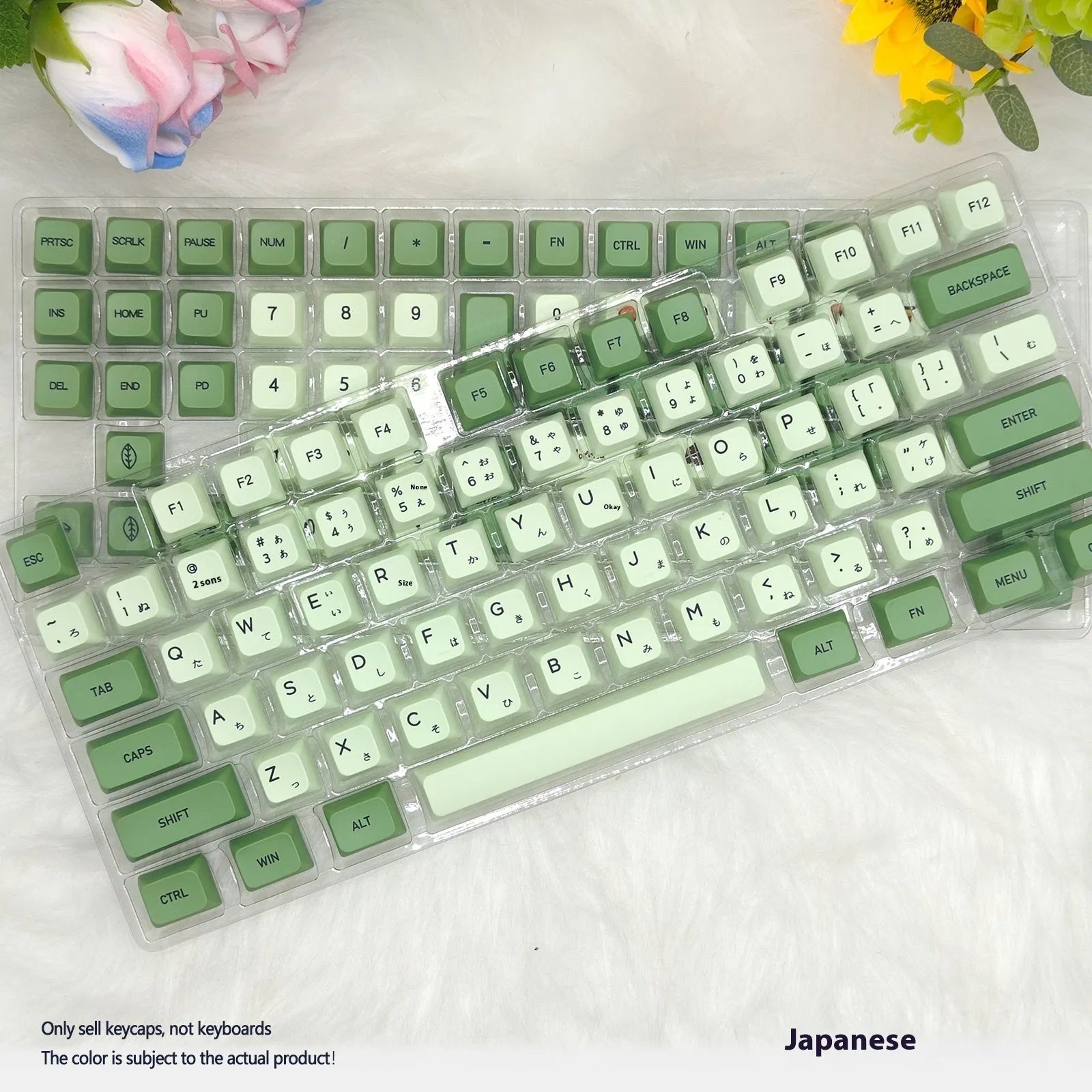 124 PBT keycaps with matcha green colour and white doubleshot legends for mechanical keyboards.