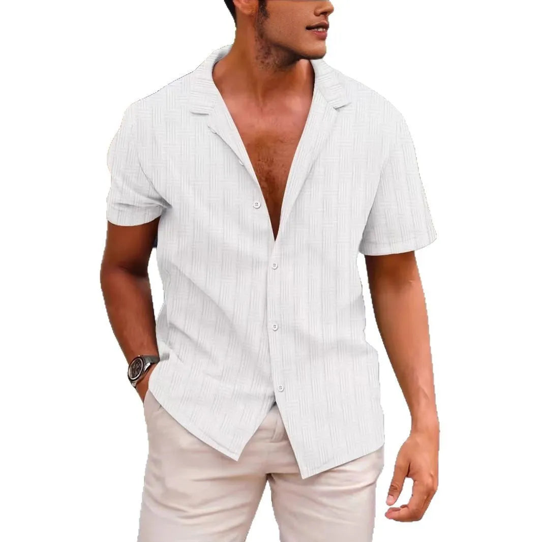 Men's solid colour corduroy short sleeve shirt with button front and lapels in regular fit