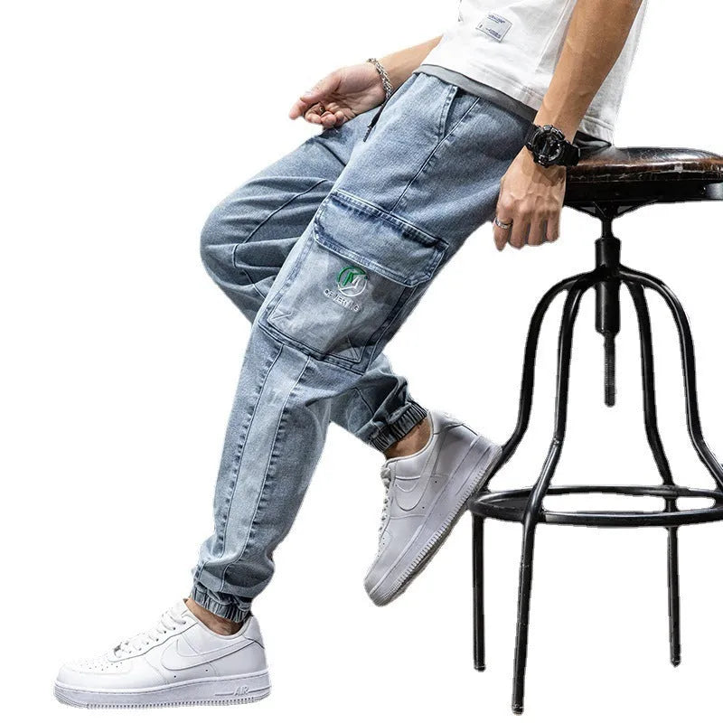 Men's loose cargo casual jeans in straight leg Korean style with micro elasticity cotton fabric