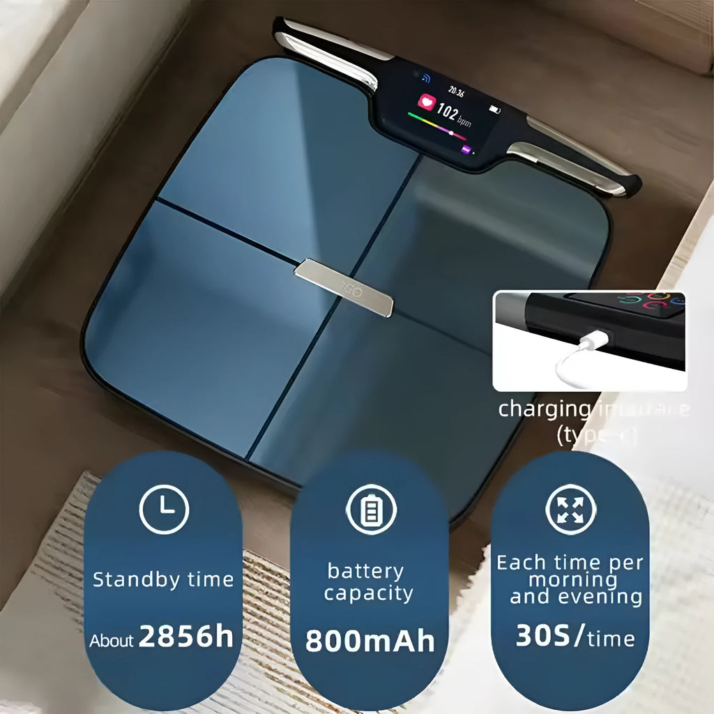 Black eight-electrode body fat intelligent weighing scale on a floor.