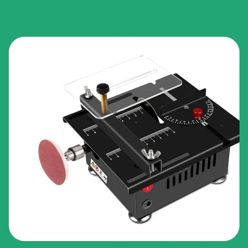 Compact metal desktop micro saw with lithium ion battery and 5-in-1 angle cutting head.