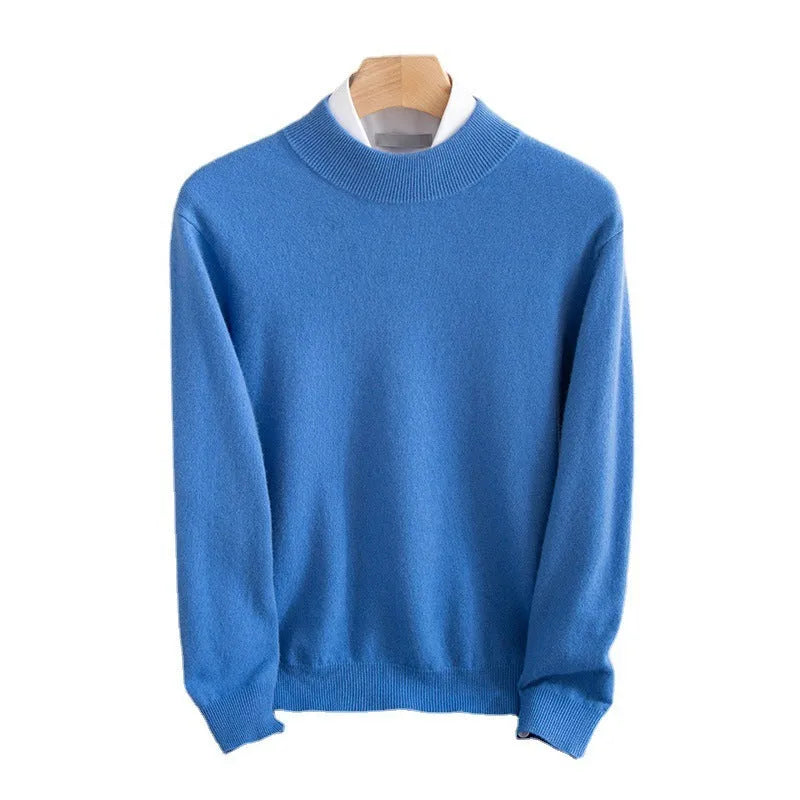 Men's half-collar loose fit wool sweater in rough yarn construction showing light business style