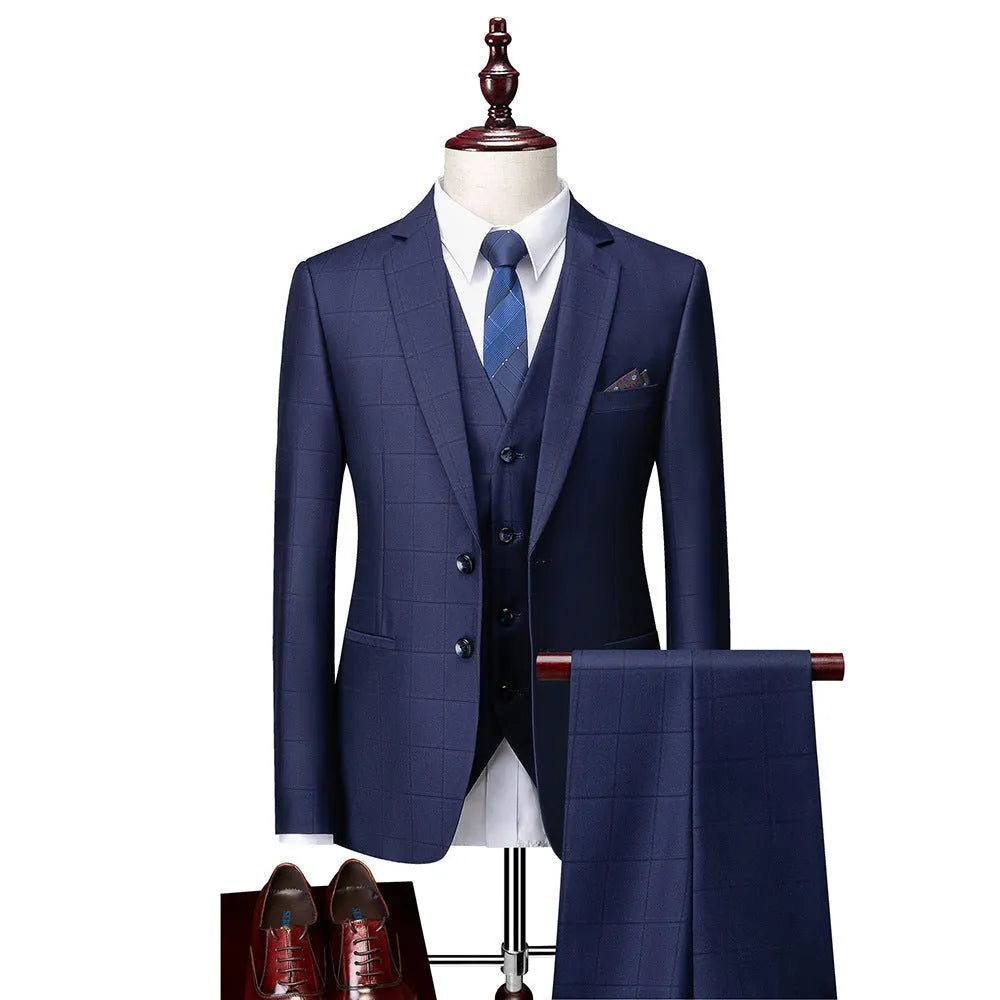 Men's three-piece plaid suit in navy blue or black featuring slim fit jacket vest and trousers for business casual wear