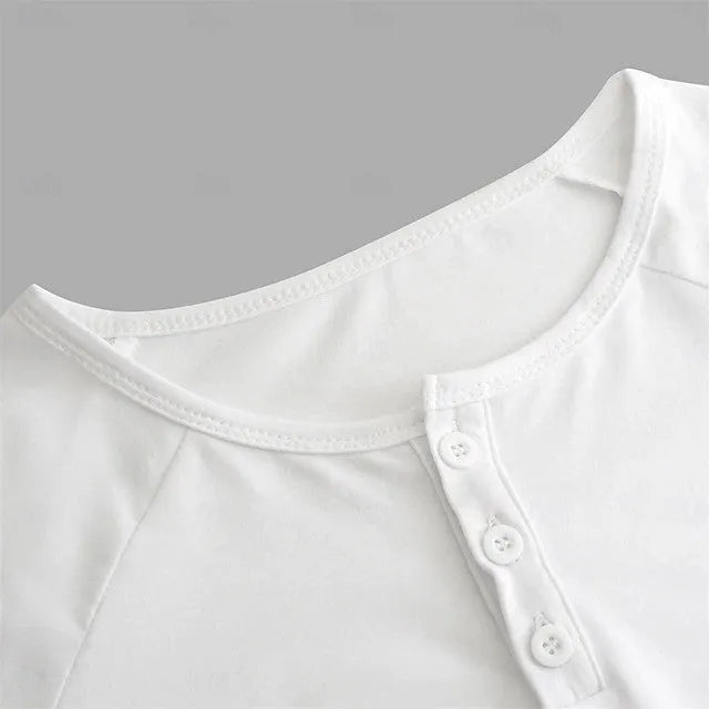 Men's white Henry collar long-sleeved cotton blend T-shirt laid flat showing stitching details