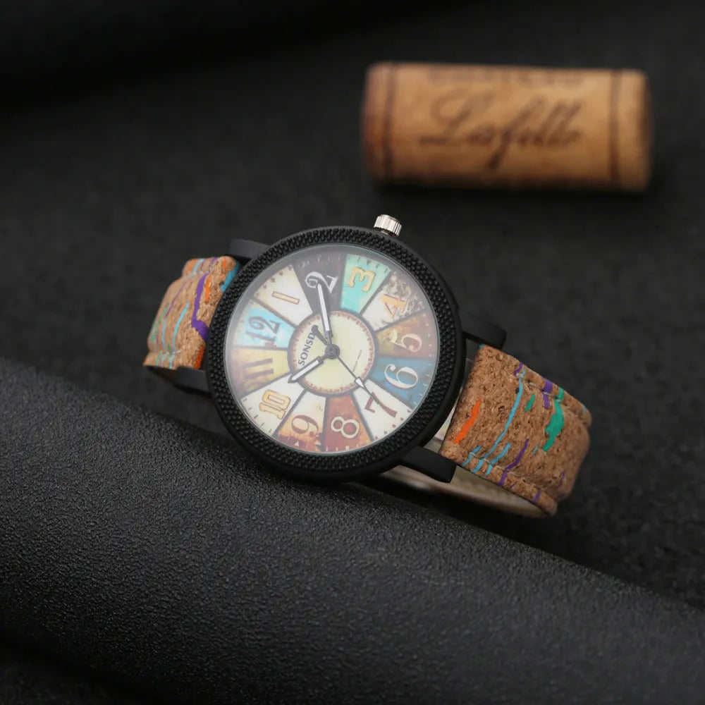 Women's vintage leather strap quartz watch with 37mm round dial and stainless steel buckle