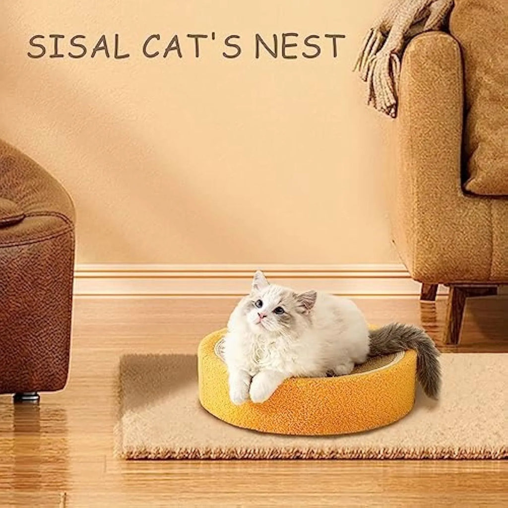 Orange round sisal cat scratching board with concave centre serving as both scratcher and cat bed