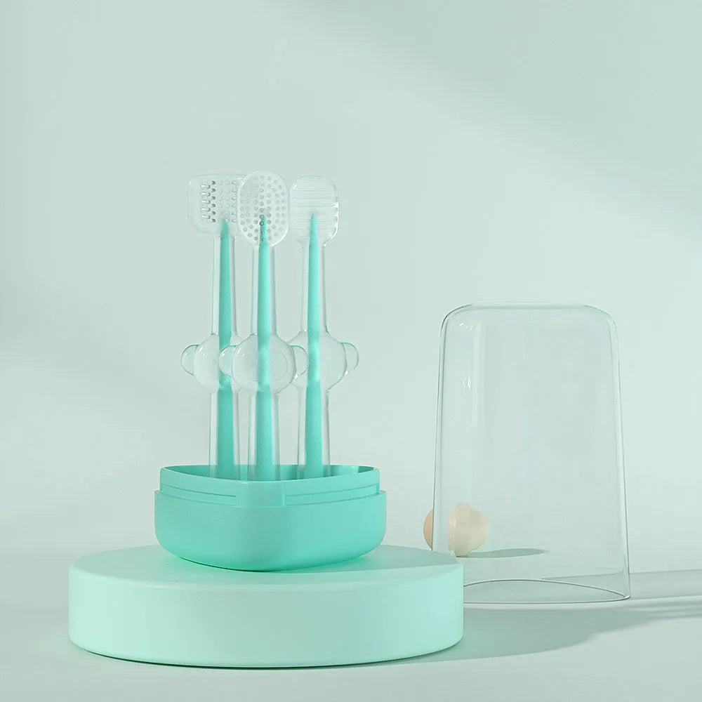 Purple silicone pet toothbrush with soft bristles for cleaning cat and dog teeth