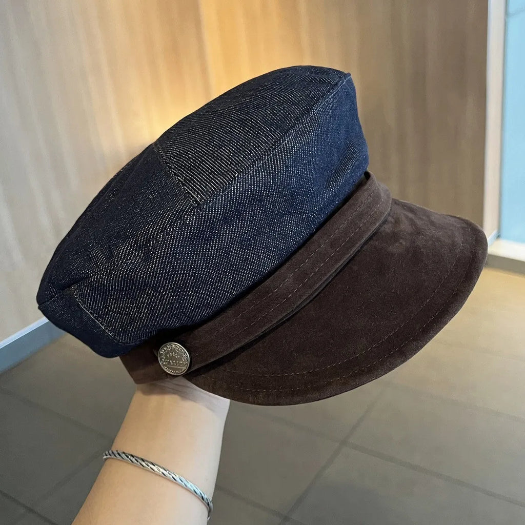 Dark blue denim newsboy cap with an adjustable strap, shown on a model