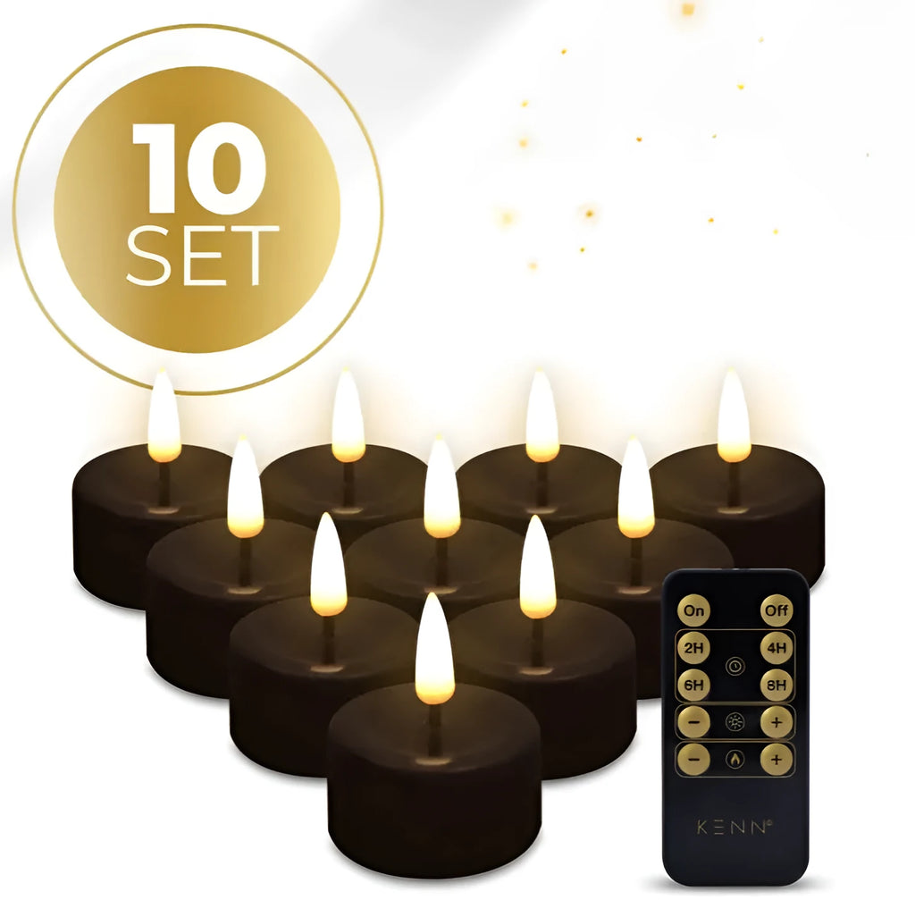 Set of four black S10 model LED flameless tealight candles showing size.