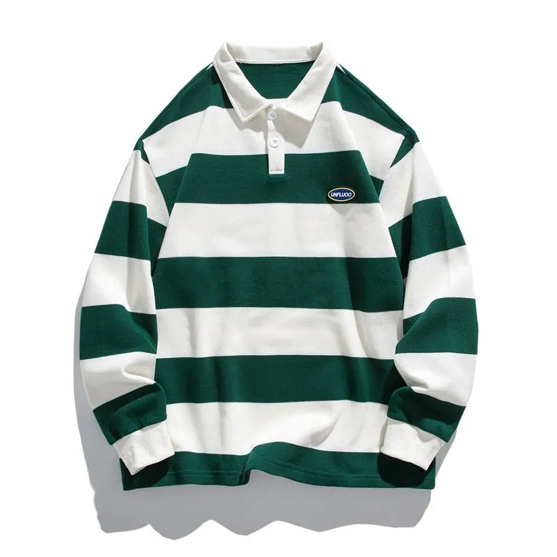 Hong Kong style pearl cotton polo shirt with striped lapel collar in loose fit