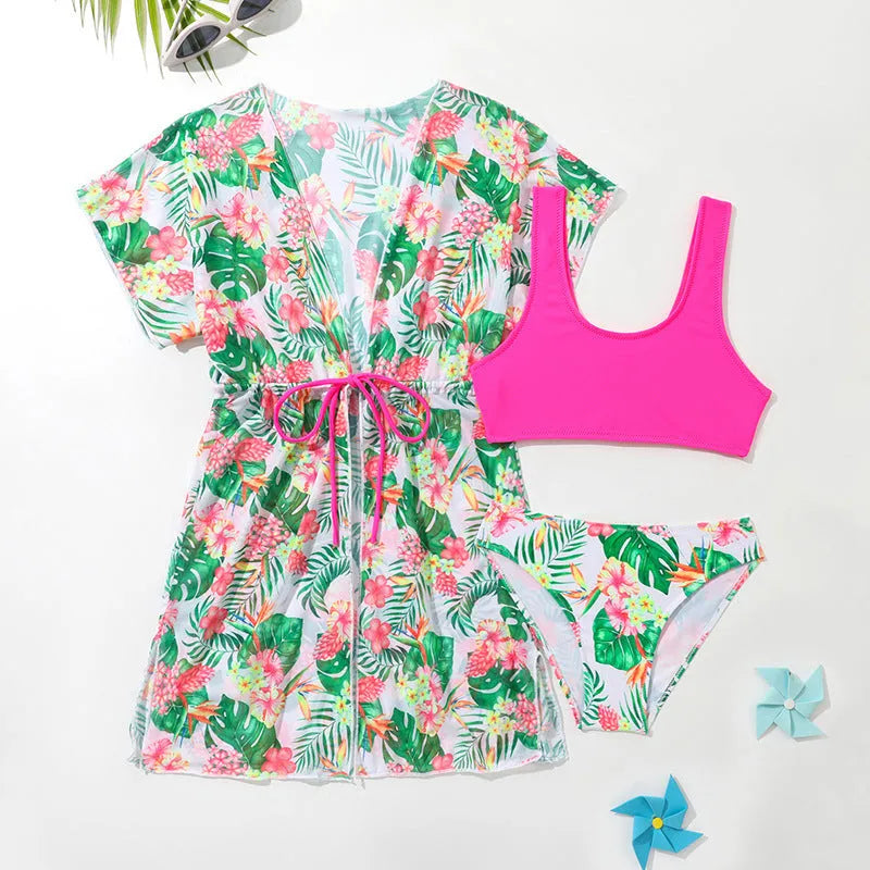 Girls floral two-piece swimsuit set with matching overclothes in picture colour