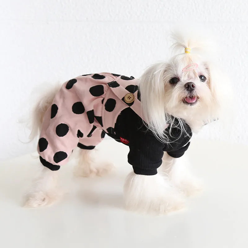 Adjustable shoulder strap dog clothing in cloth fabric with pant and skirt style options