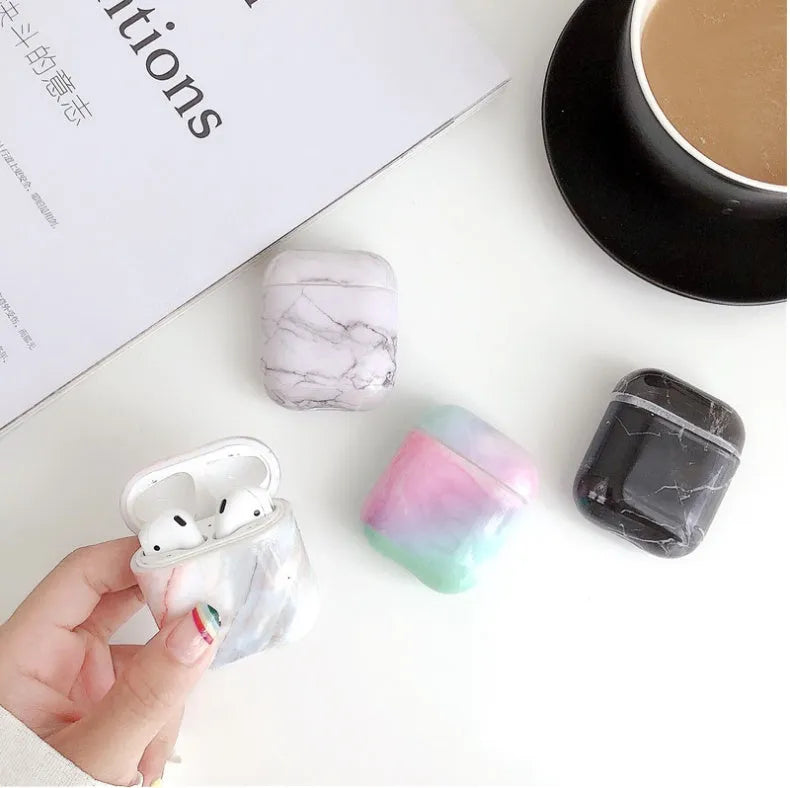 White Marble hard PC protective case cover for Apple AirPods 1 and 2 charging box.