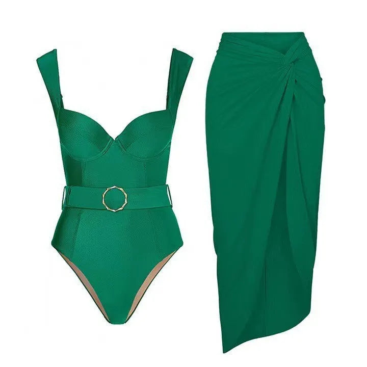 Women's one-piece swimsuit with a gauze skirt overlay in double shoulder and oblique shoulder styles.