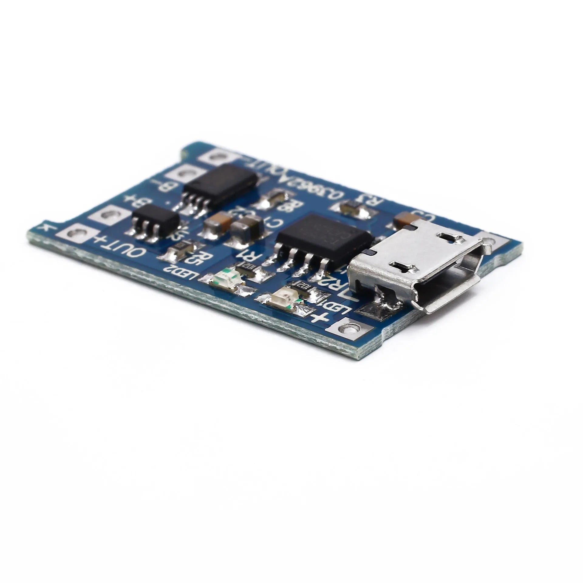 Blue lithium battery charging and protection circuit board measuring 2.6 by 1.7 centimetres.