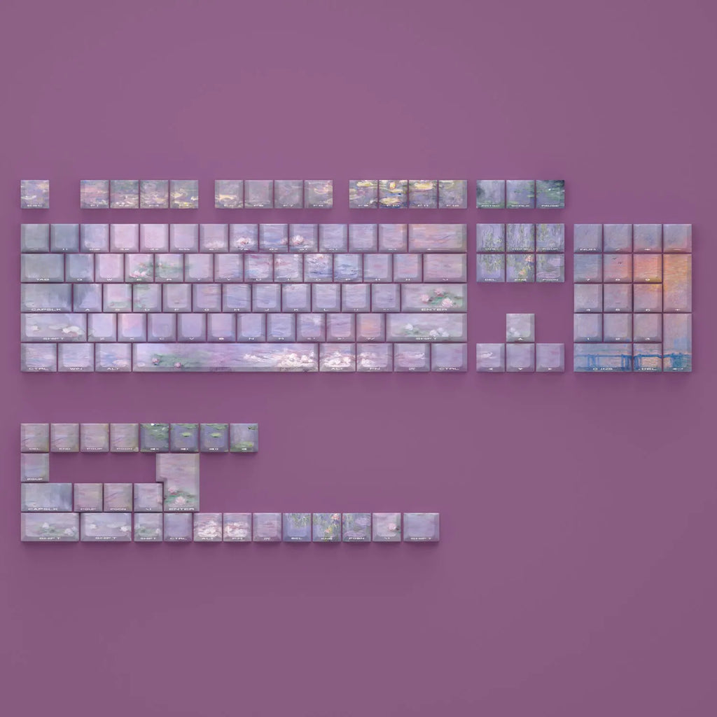 Wenshao sleeping lotus PBT key cap set with side-carved transparent legends, 130 keys for mechanical keyboards