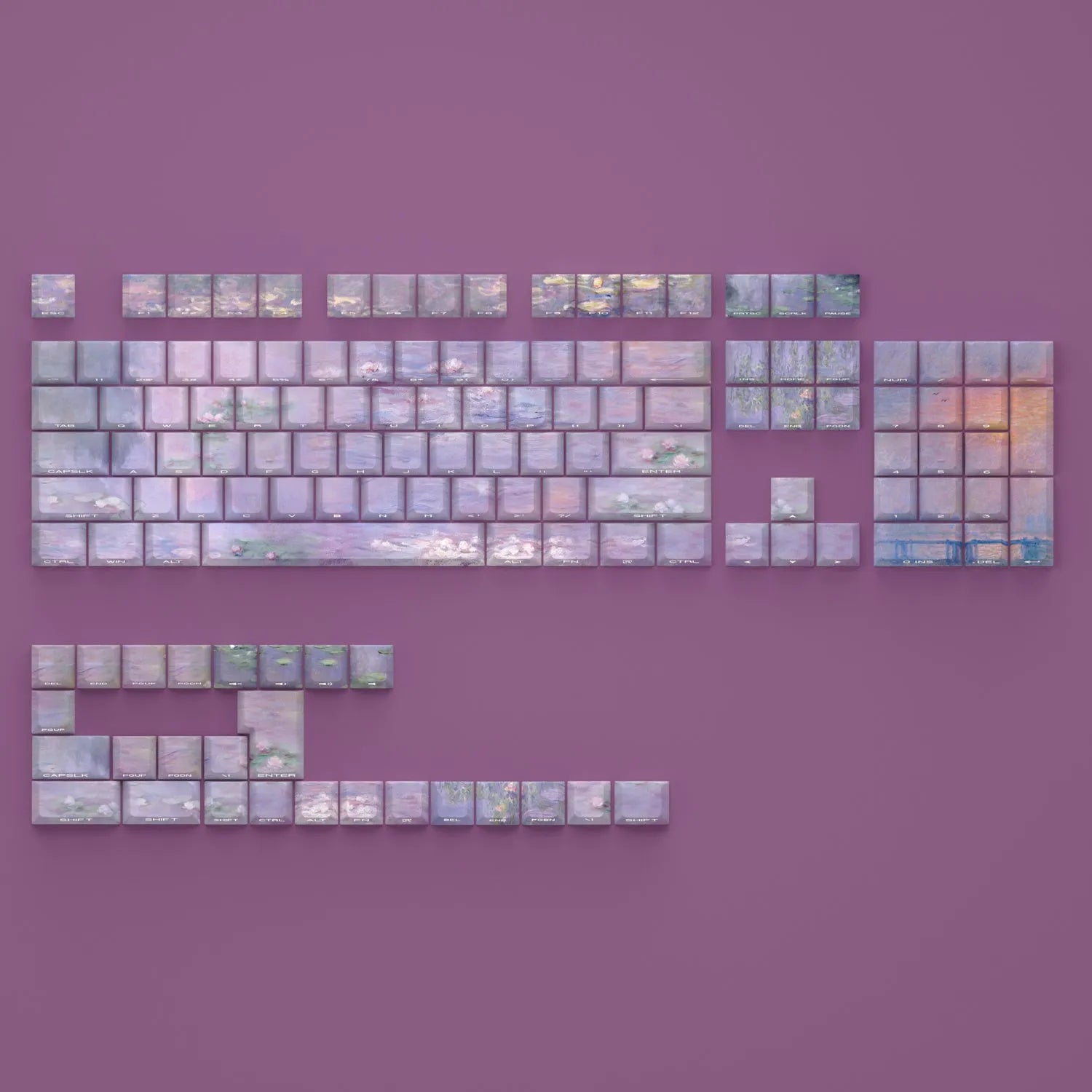 Wenshao sleeping lotus PBT key cap set with side-carved transparent legends, 130 keys for mechanical keyboards