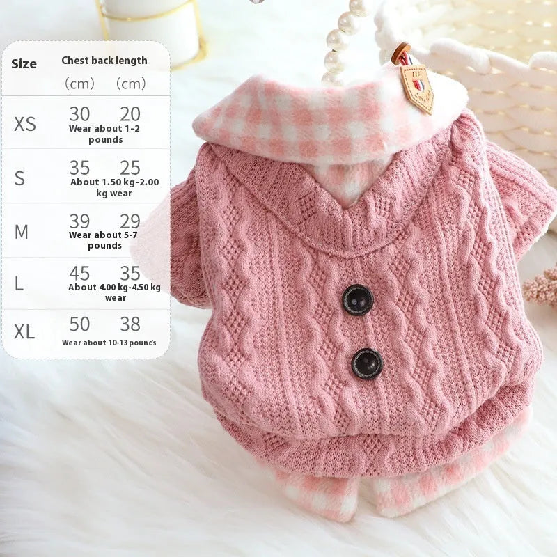 Blue plaid fleece-lined dog sweater jacket on a mannequin, size label visible