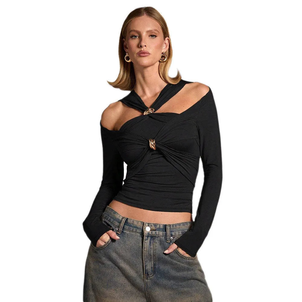 Black women's slim fit halter top with long sleeves and a strapless V-neck design.