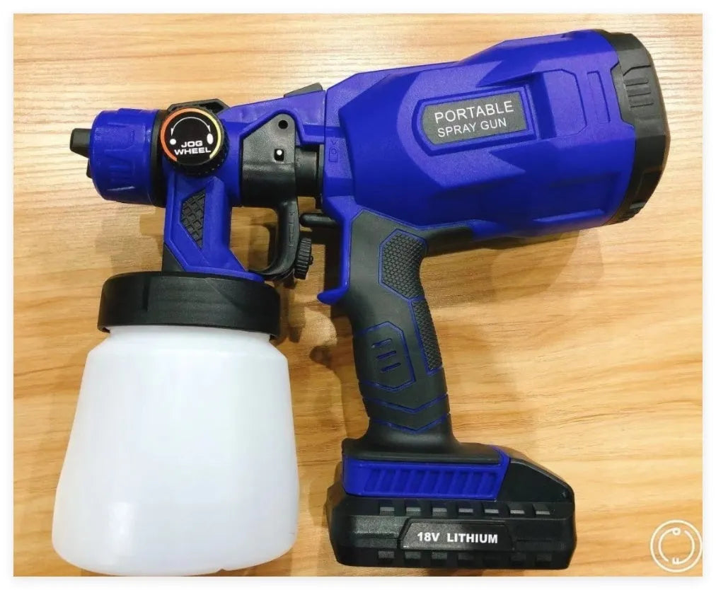 Blue cordless automatic paint spray gun with 800ml container and battery pack