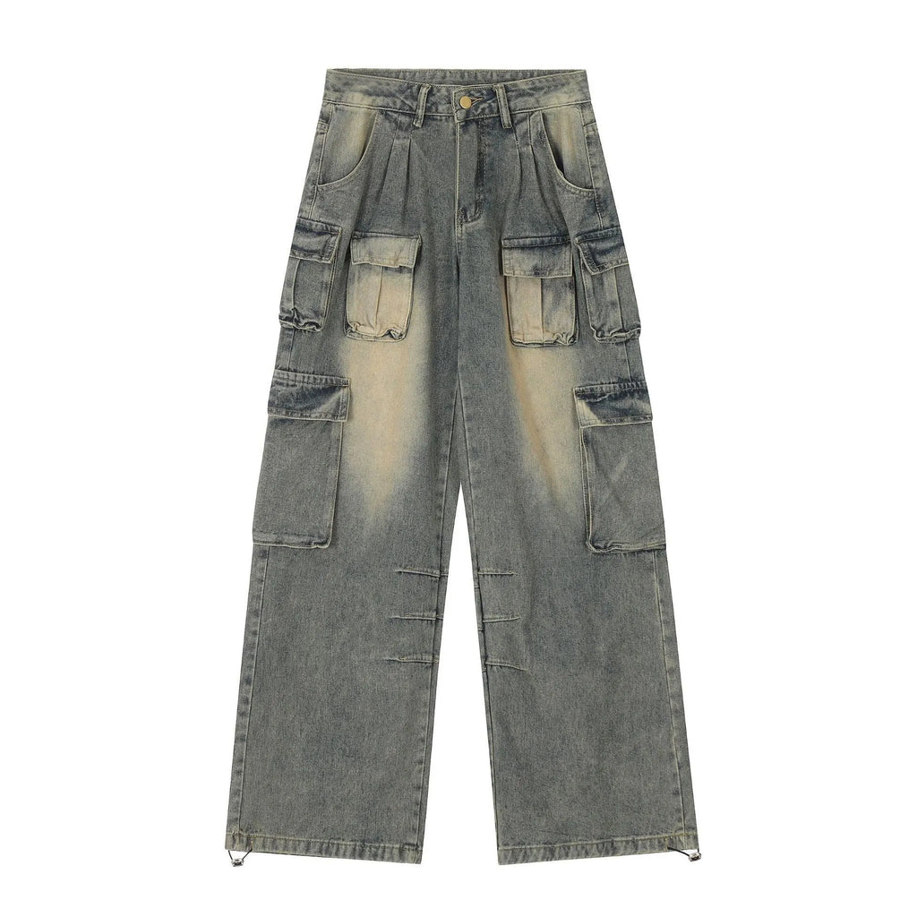 Loose distressed denim pants with multiple pockets in light blue and black colour options