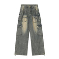 Loose distressed denim pants with multiple pockets in light blue and black colour options