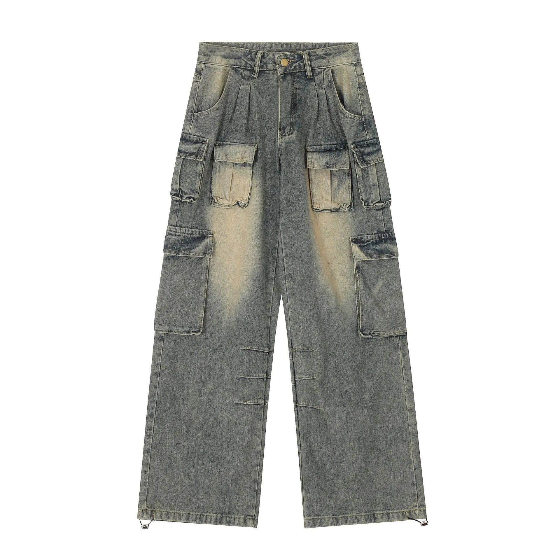 Loose distressed denim pants with multiple pockets in light blue and black colour options