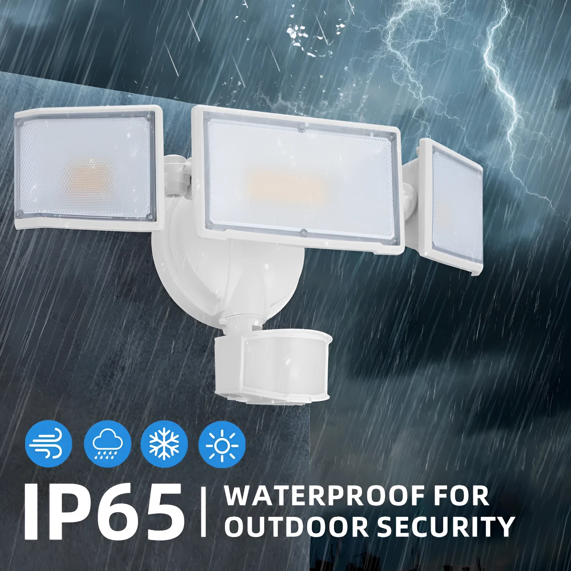 White or black outdoor LED security flood light with motion sensor on wall or ceiling.