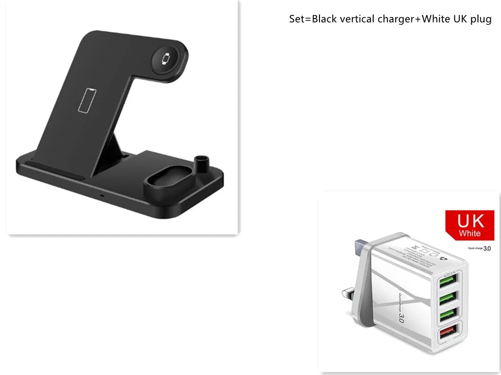4-in-1 wireless charging station showing phone, Apple Watch, and AirPods charging on adjustable magnetic stand.