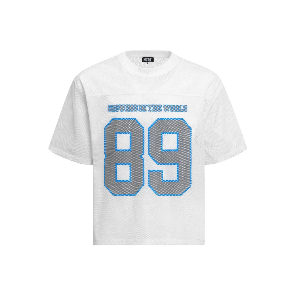 Black and white loose-fitting casual t-shirt with alphanumeric printing, regular sleeves, pullover style