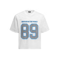 Black and white loose-fitting casual t-shirt with alphanumeric printing, regular sleeves, pullover style