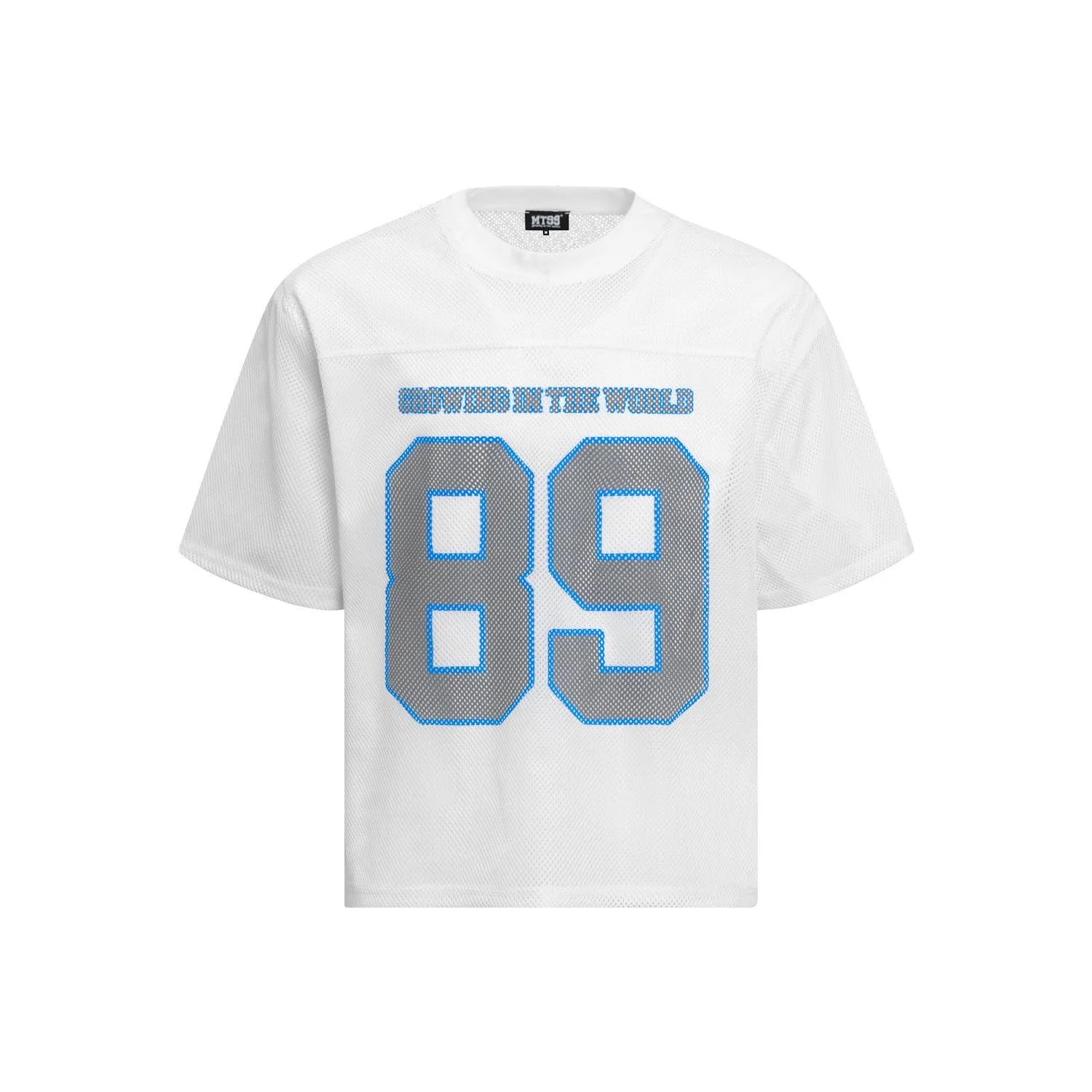Black and white loose-fitting casual t-shirt with alphanumeric printing, regular sleeves, pullover style