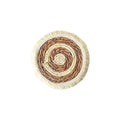 A round natural papyrus straw placemat with decorative tassels, shown in a solid colour.