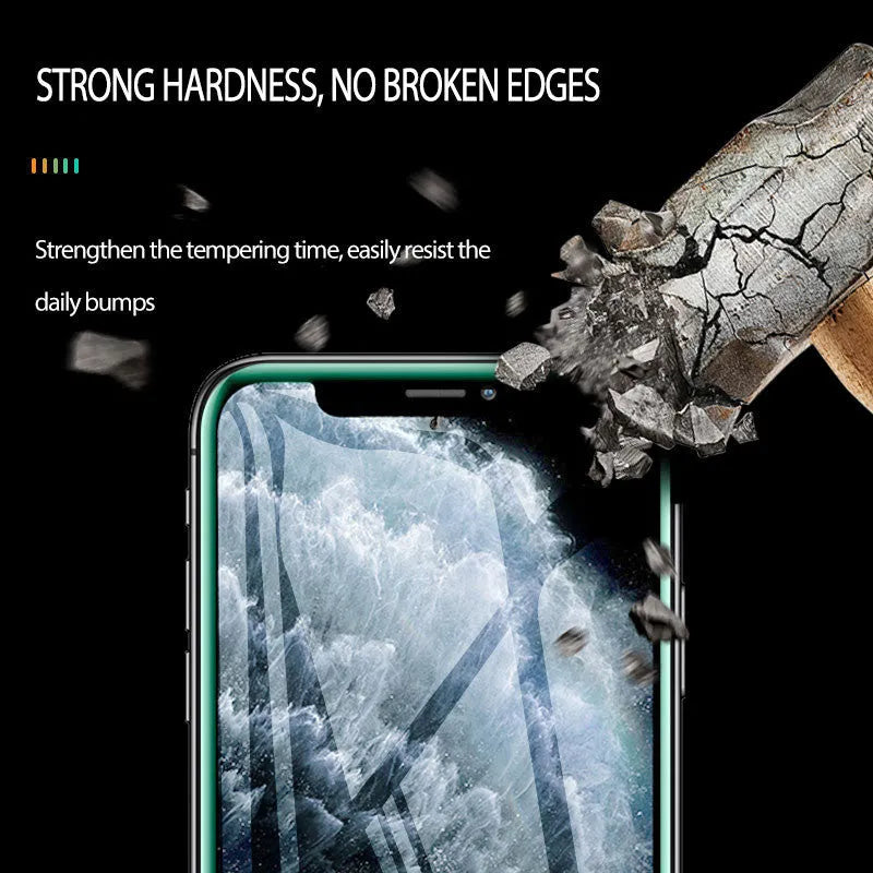 Luminous tempered glass screen protector glowing in the dark next to an iPhone.