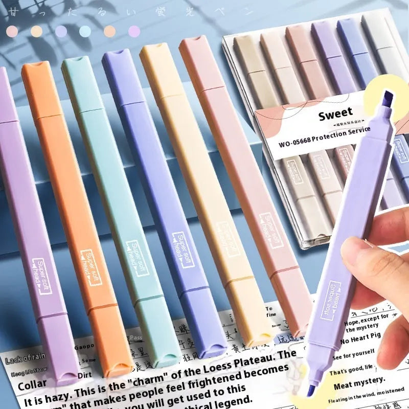 Double-headed fluorescent marker pens showing chisel and bullet tips in mixed colours
