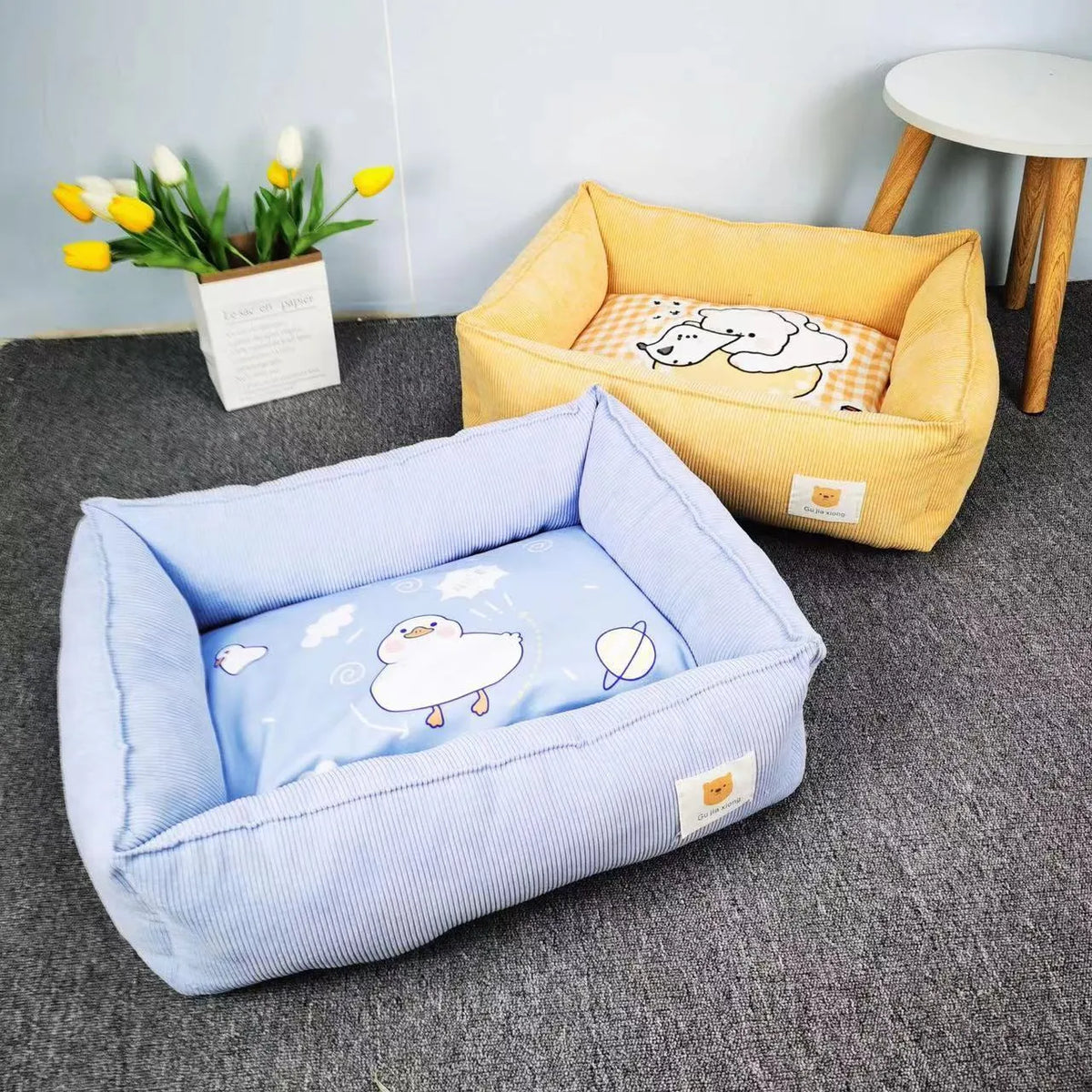 Cotton pet winter nest for dogs and cats in light blue colour with velvet lining