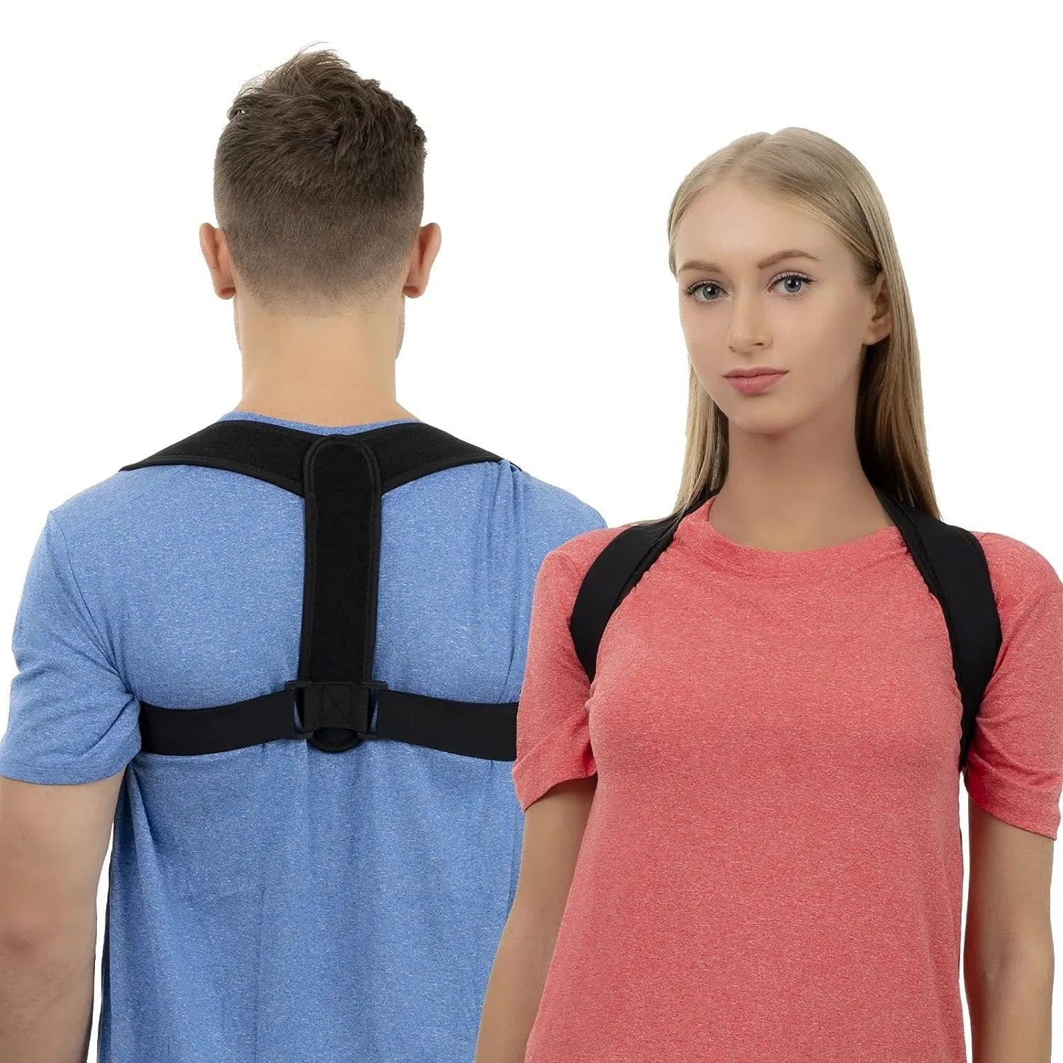 Black adjustable posture correction strap for back support.