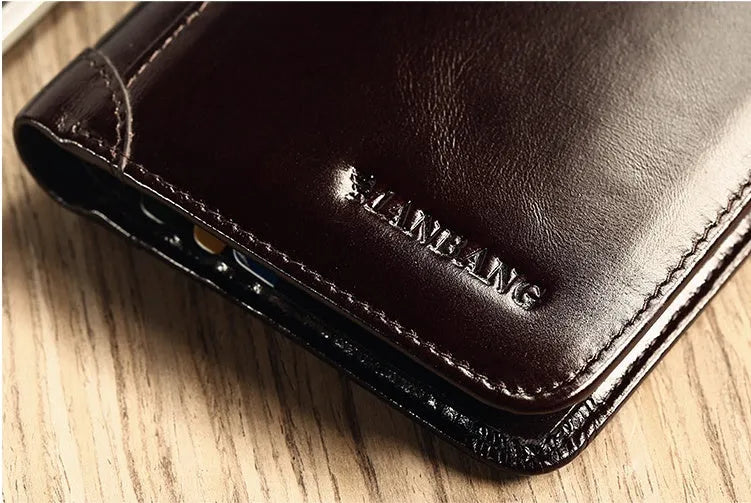 Men's black and coffee brown leather wallet open to show multiple internal card slots, note pocket, and coin compartment.