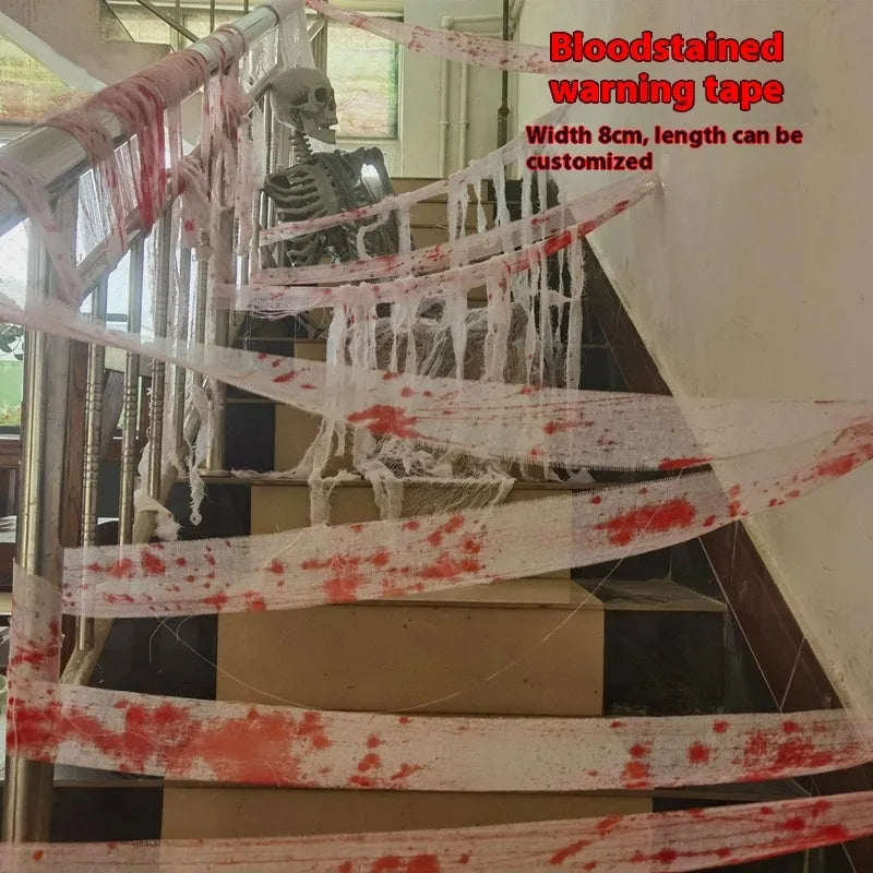 Roll of red dyed polyester gauze bandage for Halloween horror costumes and decorations.