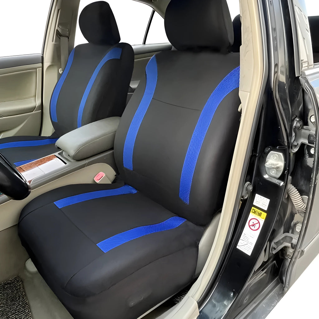 Universal polyester car seat cover set with eyelet stitching in black, blue, grey, or red colour options
