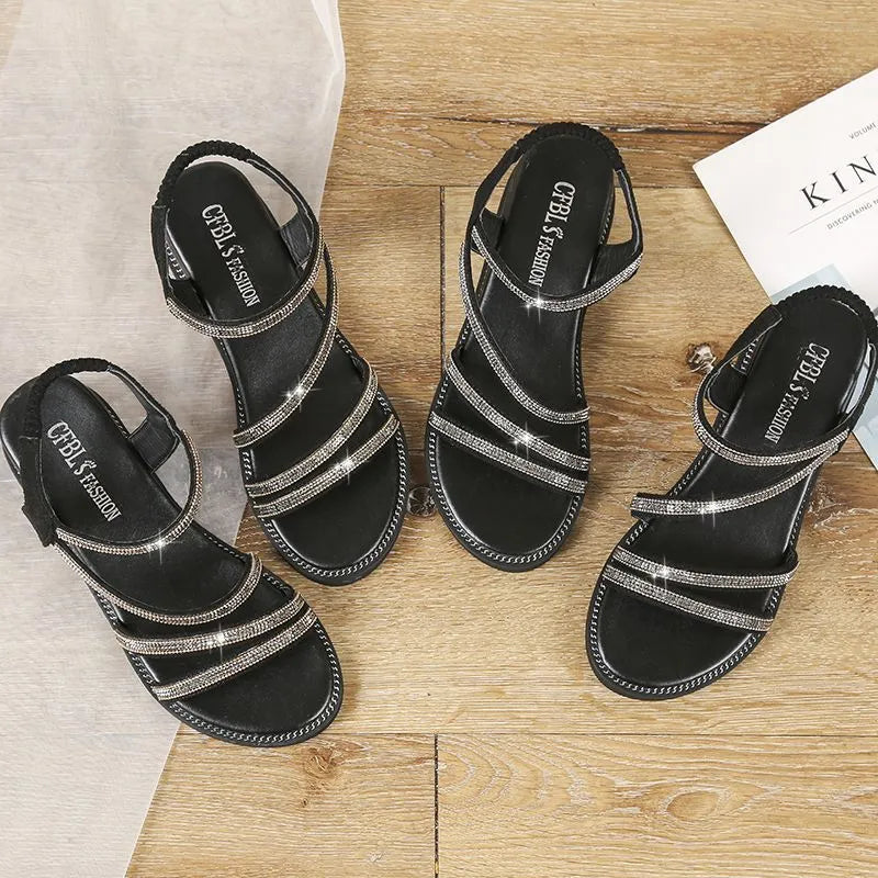 Women's silver Korean style flat sandals with rhinestone decoration and elastic band