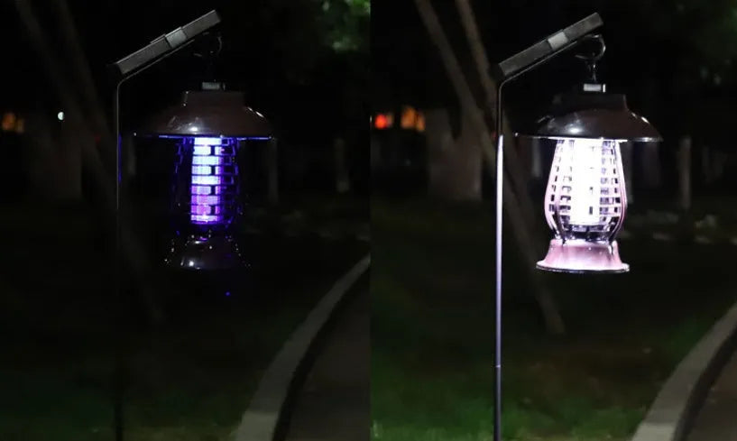 Black solar-powered mosquito lamp with solar panel and white LED light for outdoor insect control
