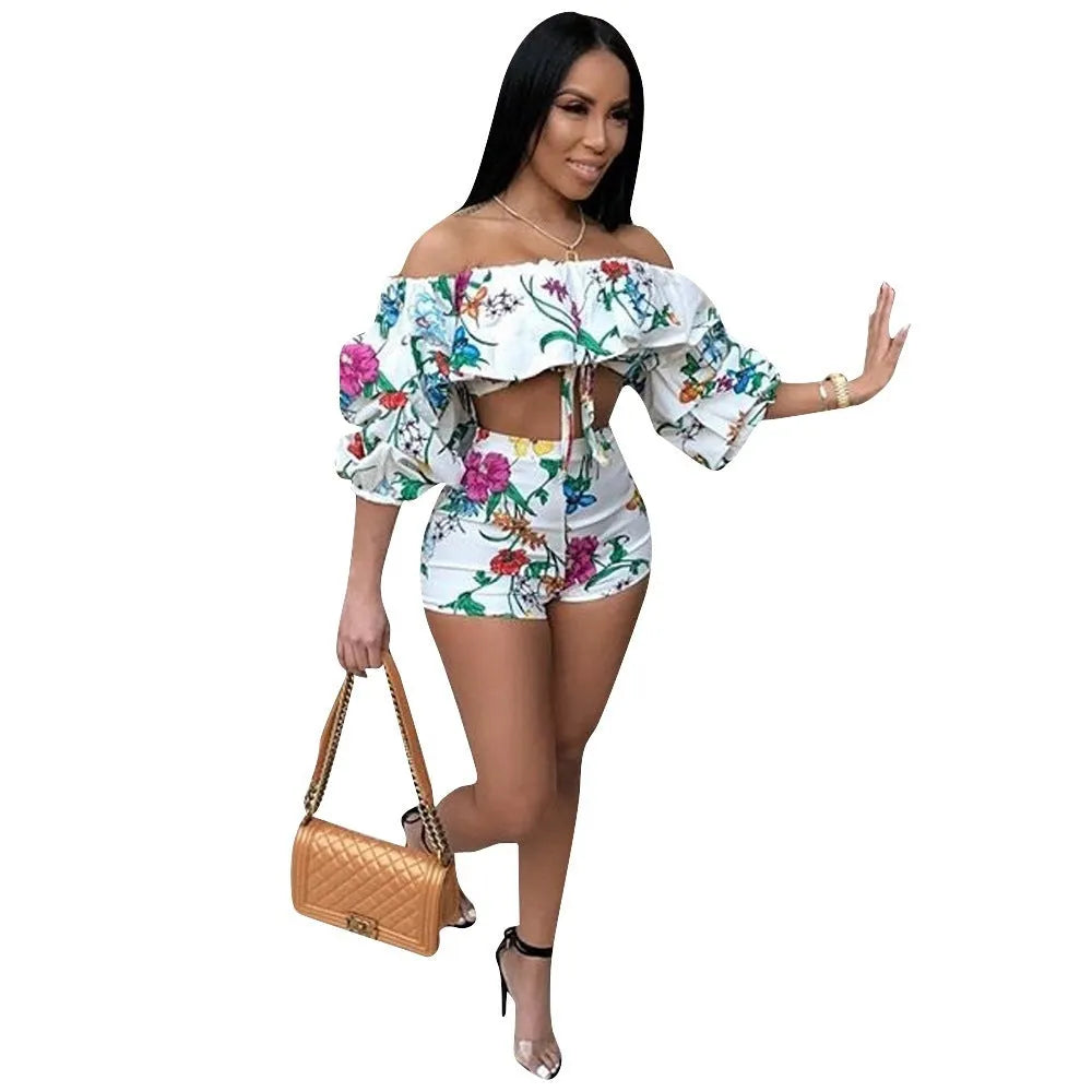 Women's two-piece outfit with digital printing pattern showing long sleeve top with pile sleeves and matching shorts