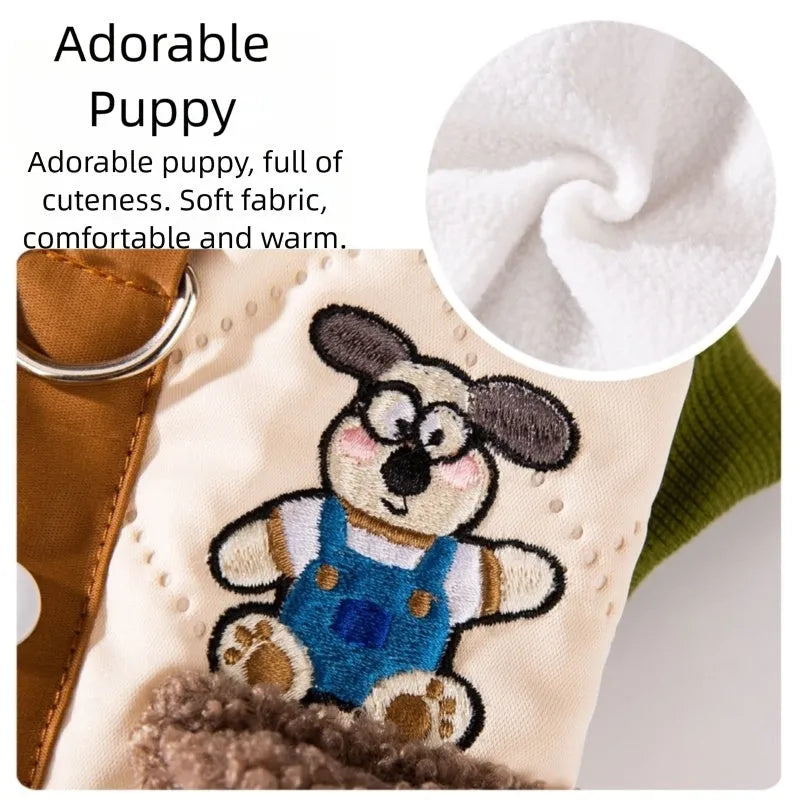 Warm thick Maillard pocket patch four-legged cotton dog coat in green with fleece-lined collar and leash ring