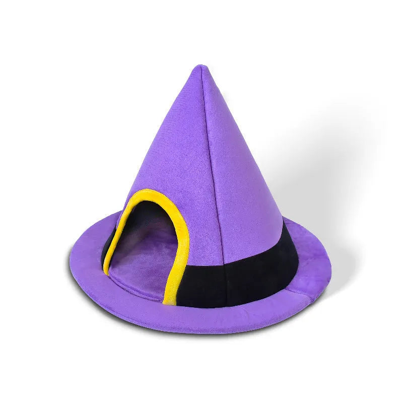 Purple Halloween witch hat shaped cloth cat bed measuring 60 by 45 centimetres