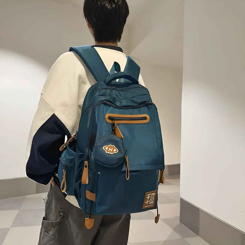 Large-capacity nylon backpack for middle school students with curved shoulder straps in street trend style