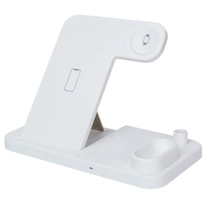 4-in-1 wireless charging station showing phone, Apple Watch, and AirPods charging on adjustable magnetic stand.